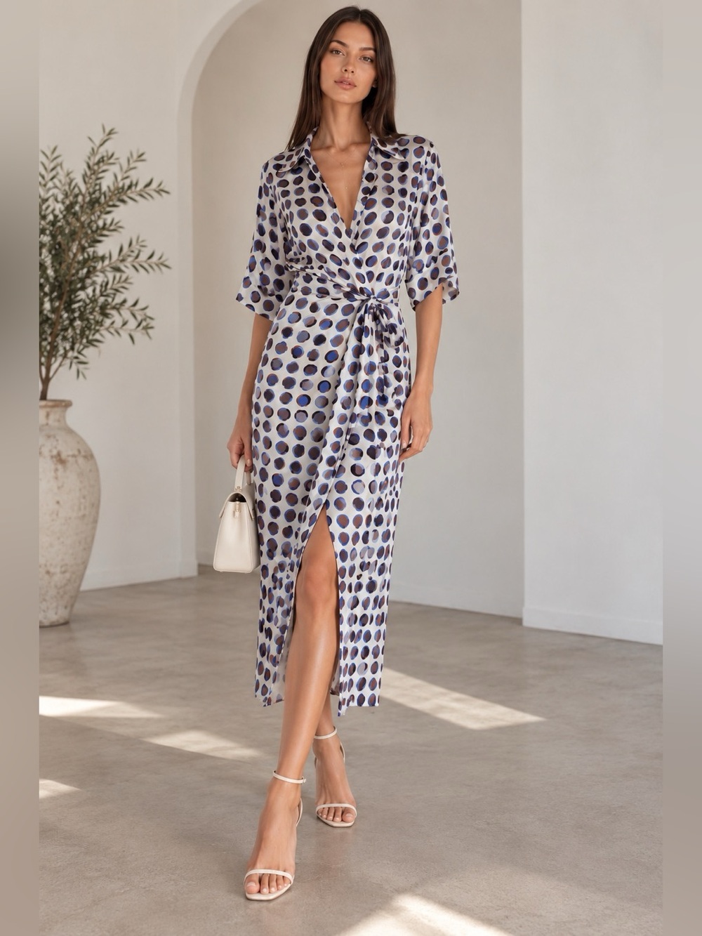 CHILA Satin Geometric Polka Dot Wrap Kimono Midi Dress